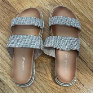 Madden Girl Black and Tan Slide Sandals